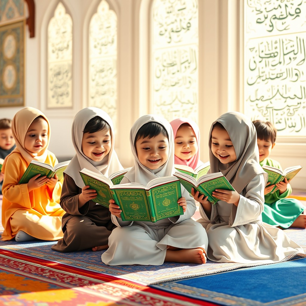 A charming scene depicting a group of young Muslim children joyfully learning the Quran together