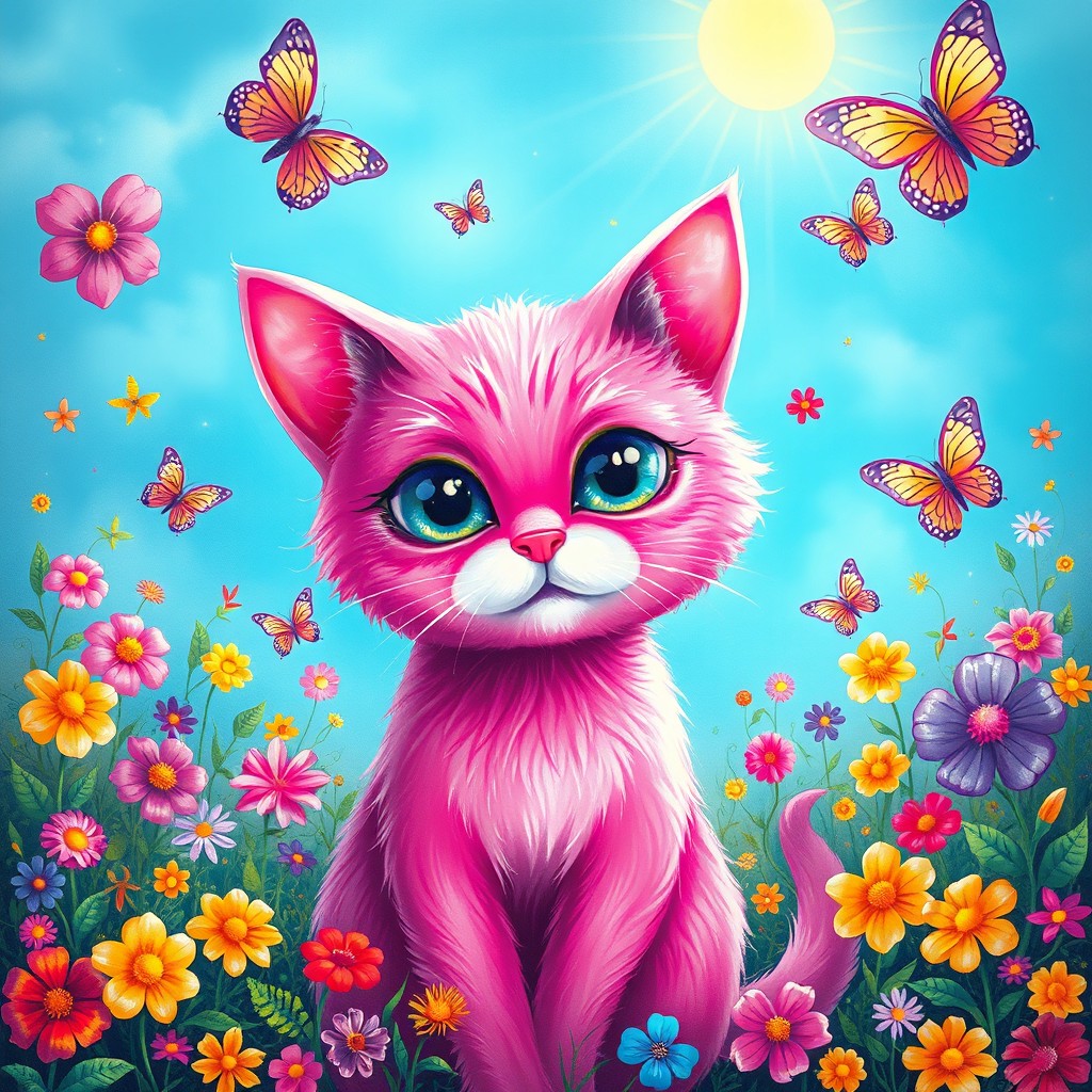 A vibrant and beautifully detailed pink cat with sparkling eyes, surrounded by a whimsical garden filled with colorful flowers, butterflies fluttering around, and a bright blue sky above, showcasing a playful and enchanting atmosphere