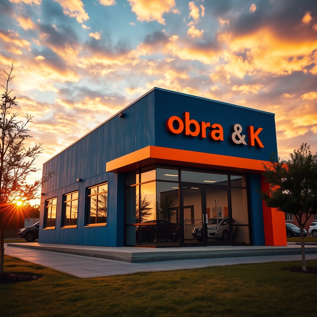 A cinematic view of a small office building prominently displaying the name 'Kobra K&K' in bold letters
