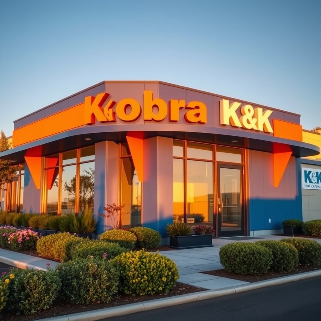 A cinematic view of a small office building prominently featuring the name 'Kobra K&K' in bold, stylish lettering