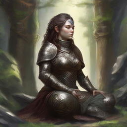 Immersed in deep serenity, a dwarven female kineticist enveloped in heavy armor, meditates. The tangible essence of nature's energy hovers and swirls around her, affirming her innate bond to the elemental world.