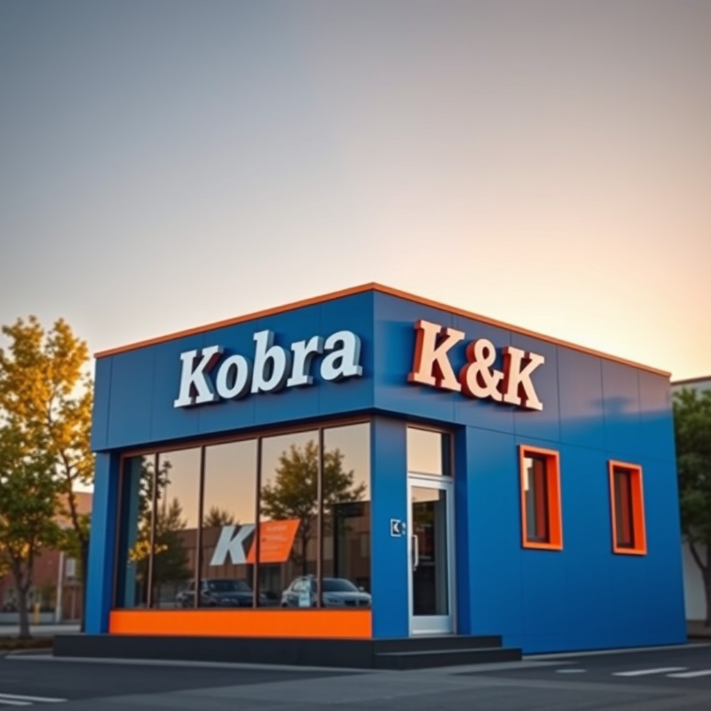 A captivating cinematic scene of a small office building prominently featuring the name 'Kobra K&K' in stylish, eye-catching lettering