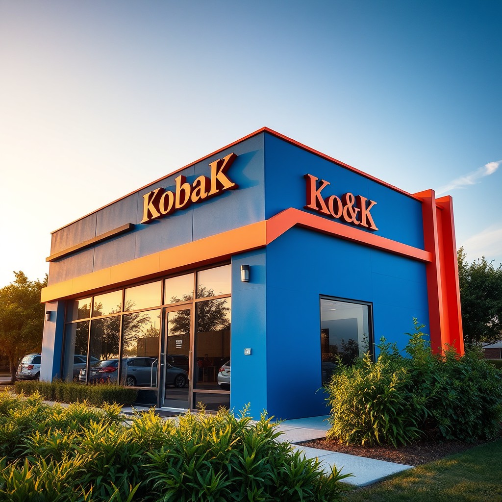 A dynamic cinematic scene featuring a small office building with the name 'Kobra K&K' elegantly displayed