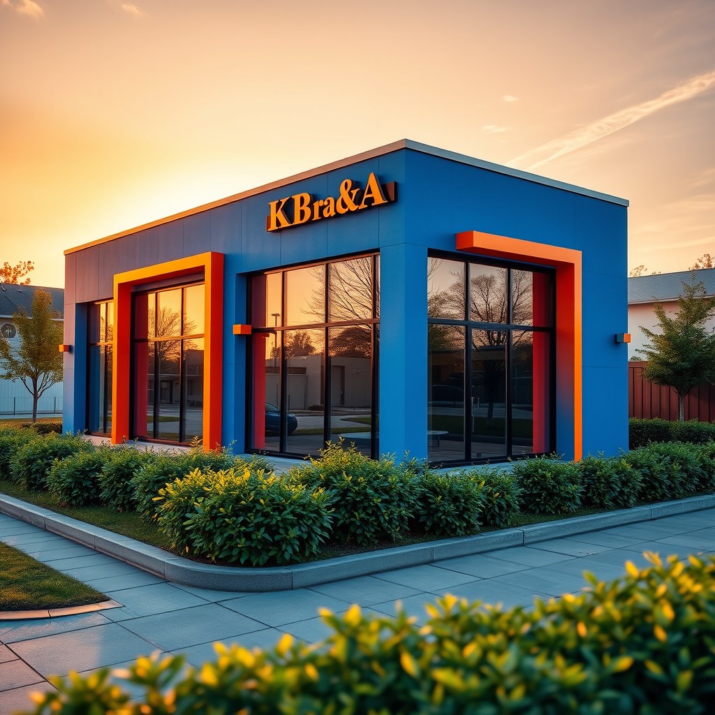 A visually striking cinematic representation of a small office building named 'Kobra K&K'
