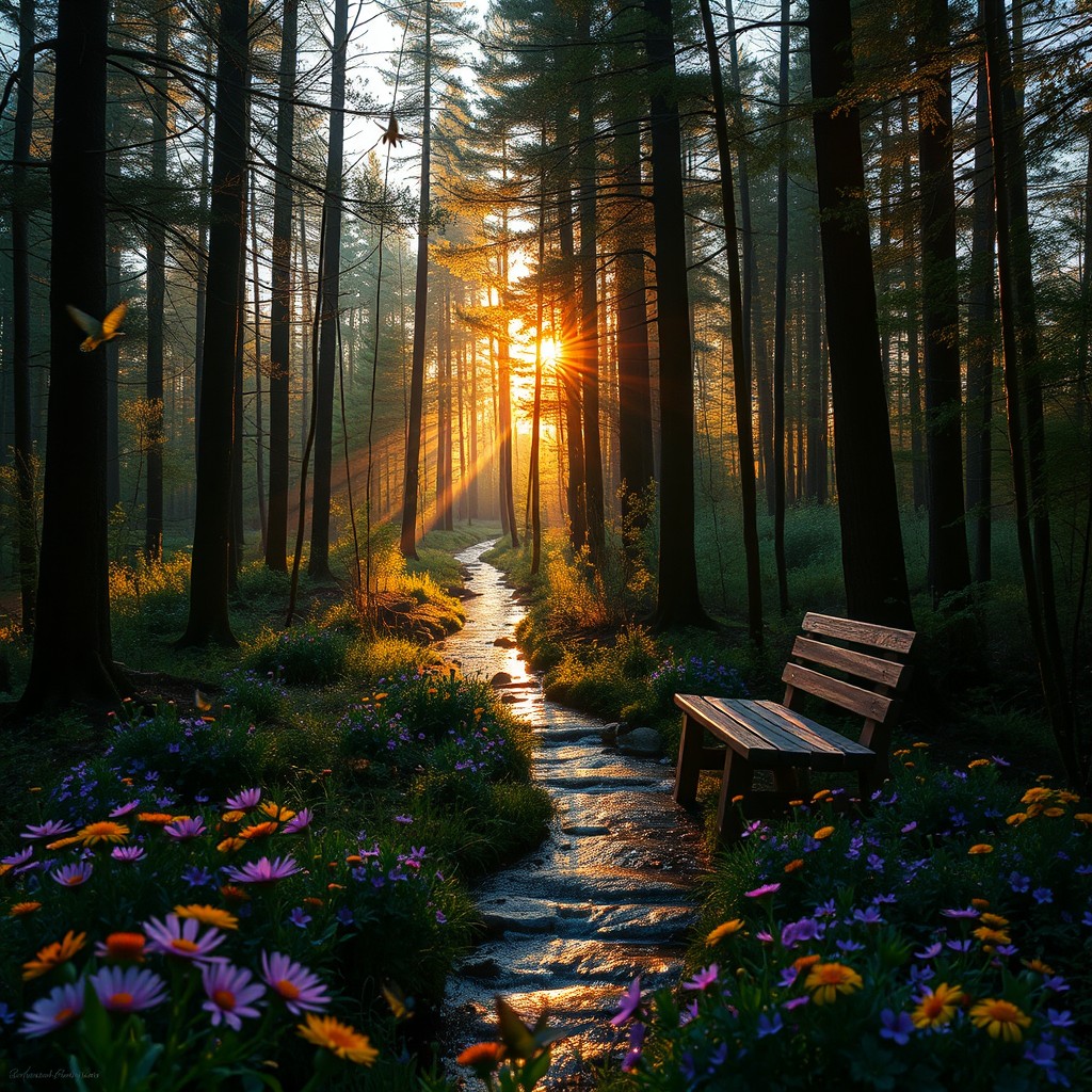 A serene forest scene during golden hour with warm sun rays filtering through the tall trees