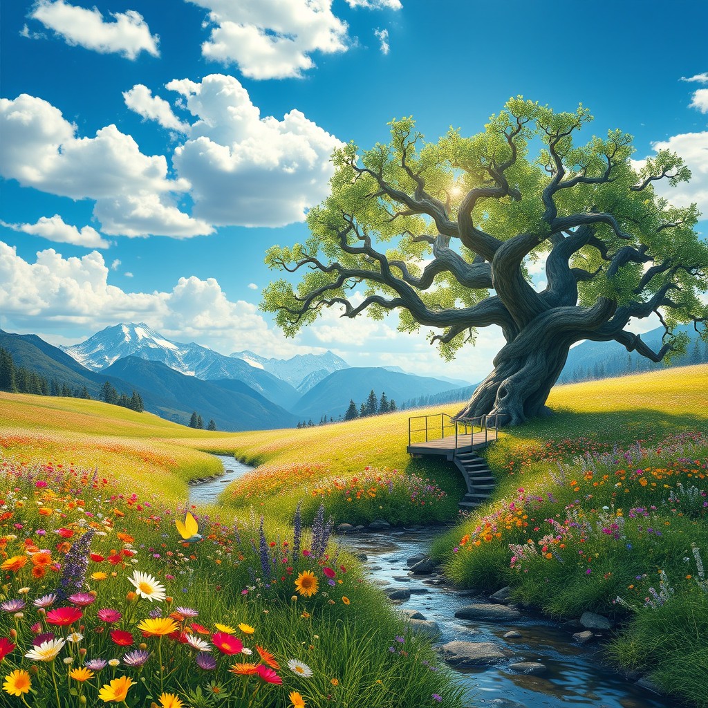 A serene fantasy landscape, featuring a vast, colorful meadow filled with vibrant wildflowers under a bright blue sky, with fluffy white clouds