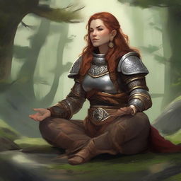 In a moment of calm and clarity, a dwarven female kineticist, contained within her sturdy heavy armor, delves into meditation. The floating energy of nature that surrounds her betrays her deep-seated connection to the world's elements.