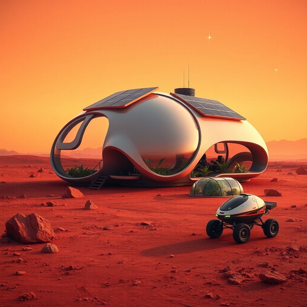 A futuristic house on the surface of Mars, showcasing advanced architecture with a sleek, aerodynamic design