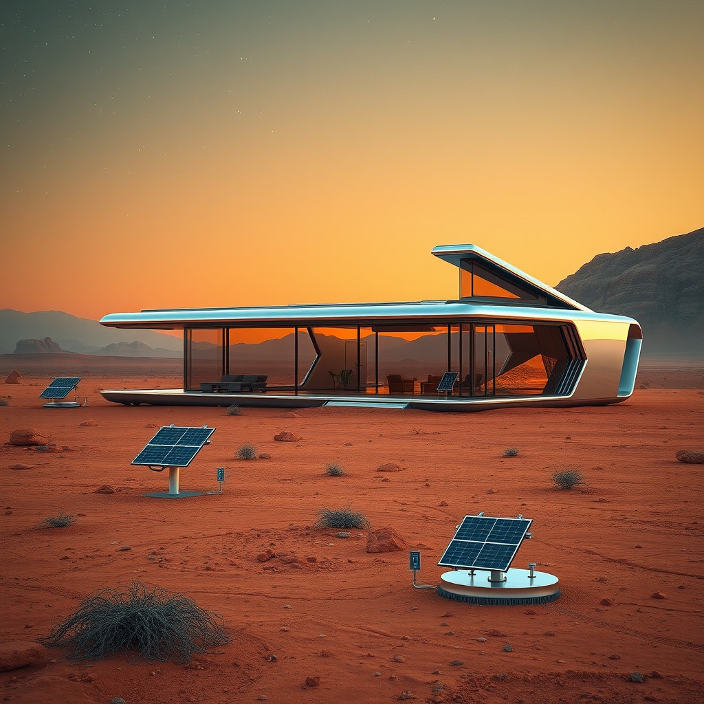A futuristic house on the surface of Mars, designed with a sleek, modern aesthetic and made of metallic and glass materials