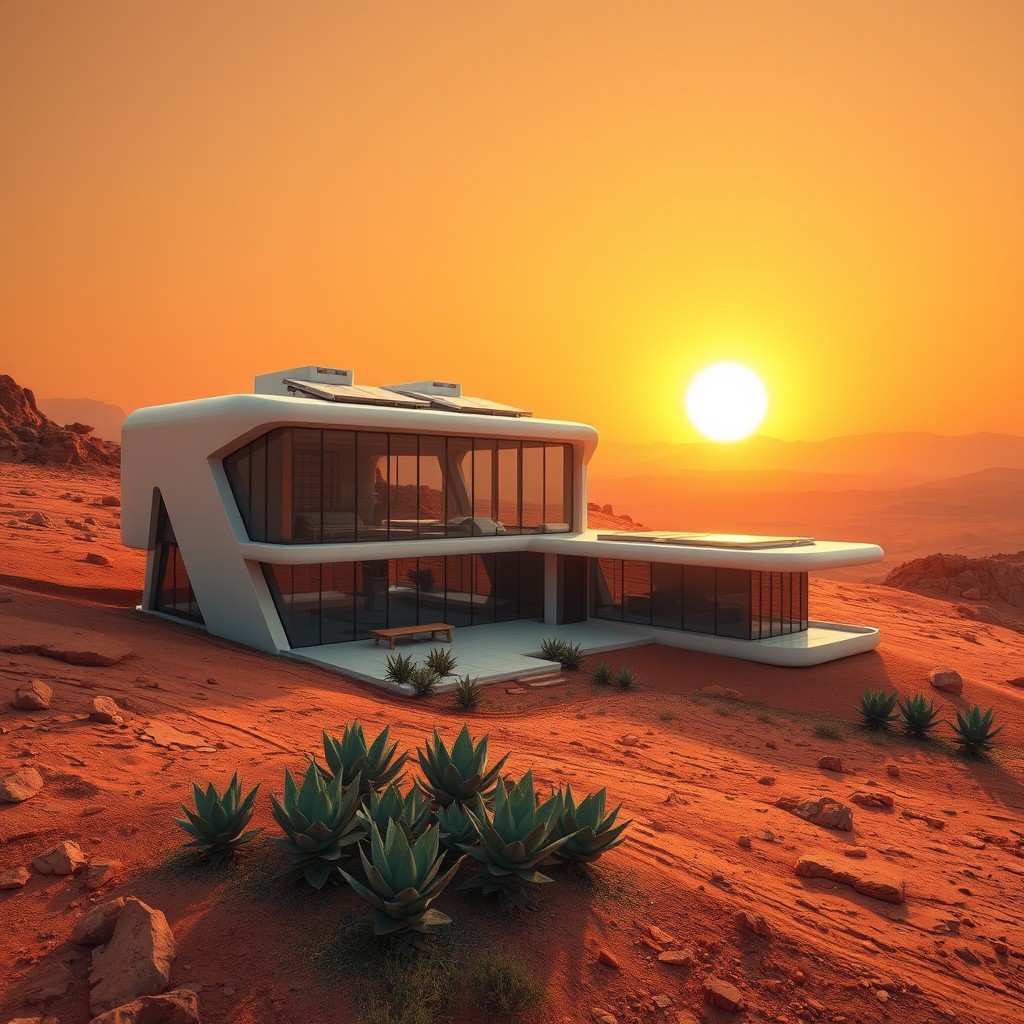 A futuristic house on Mars, set against the breathtaking Martian landscape with red rocky terrain and distant mountains