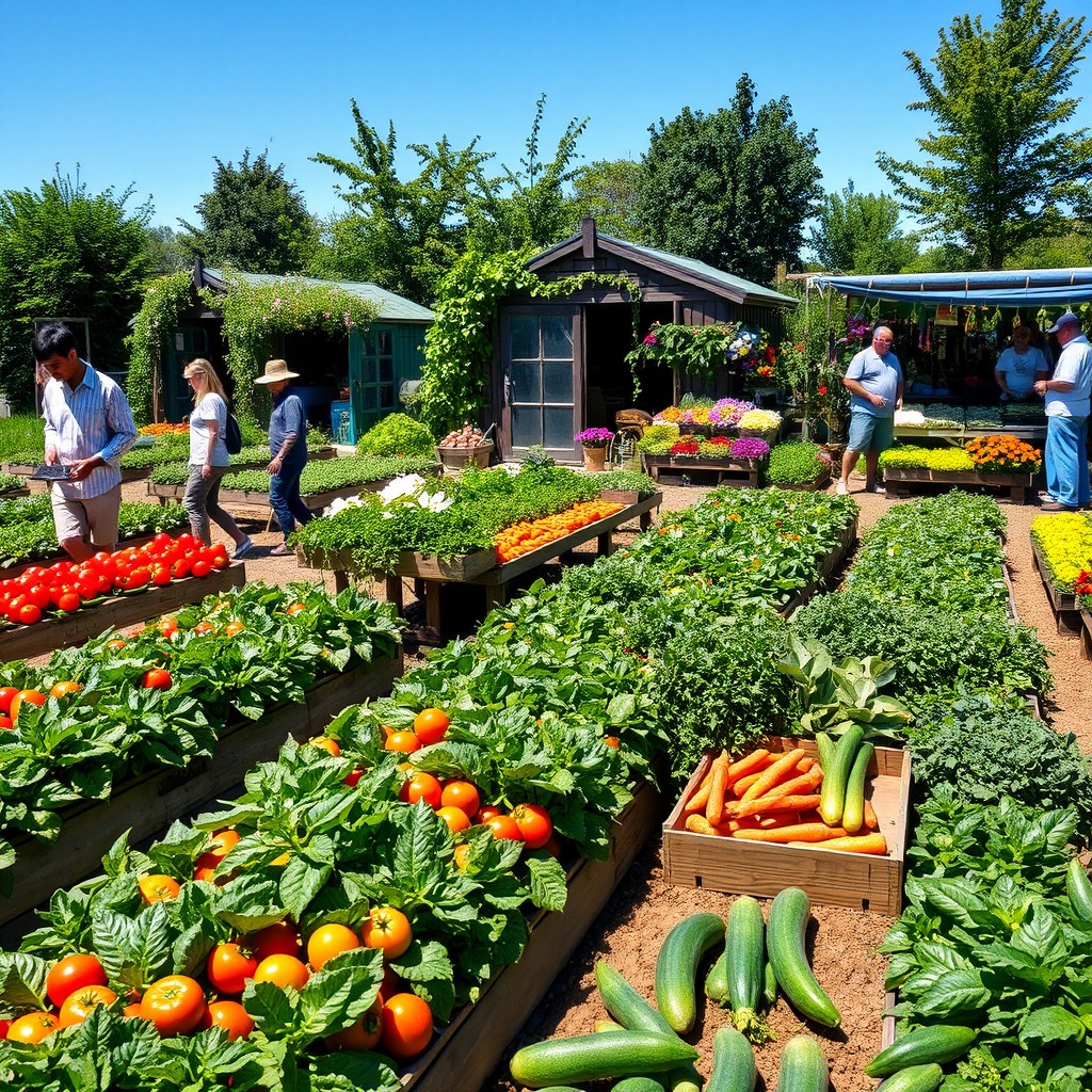 A vibrant scene of a market garden filled with colorful vegetables and fruits