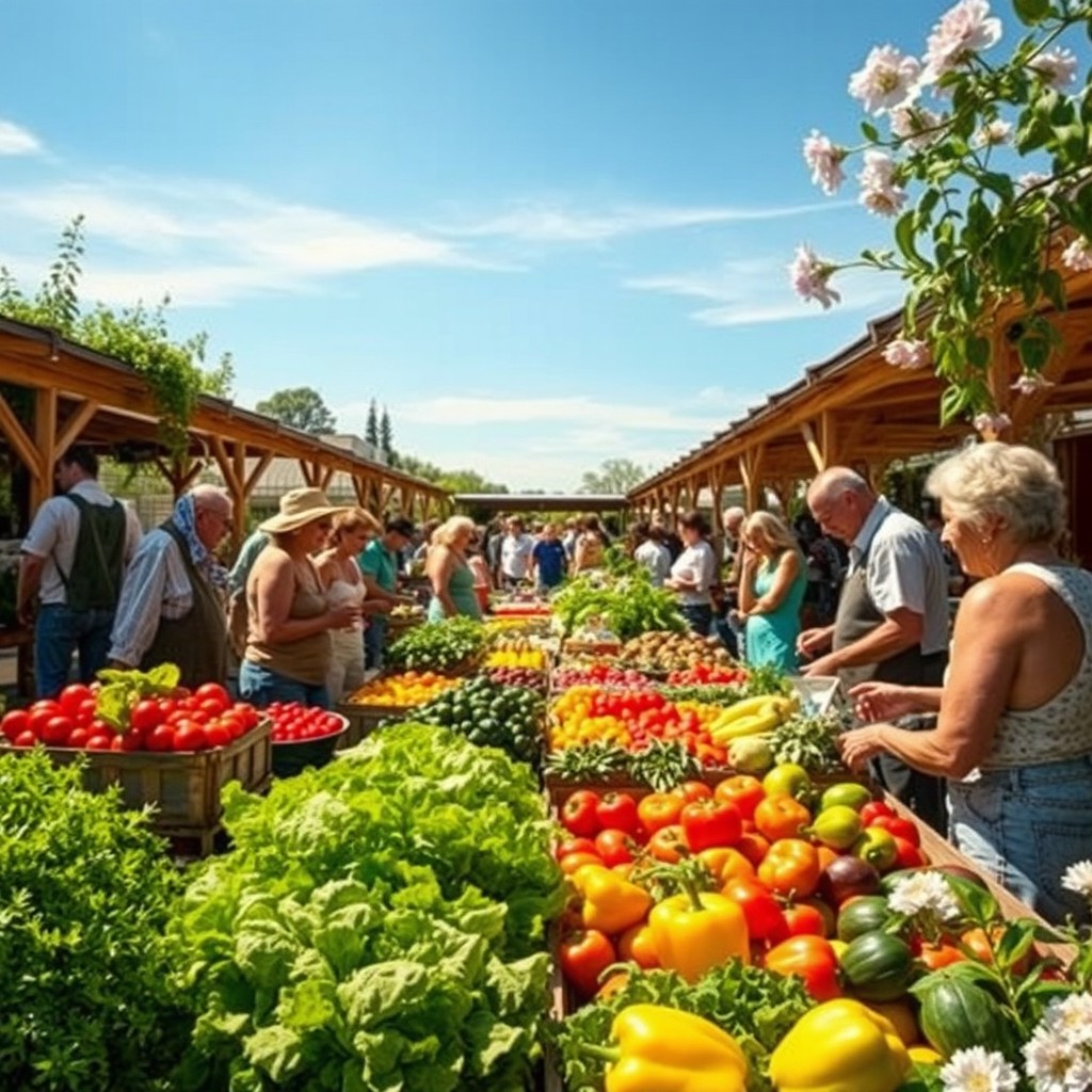 A vibrant and bustling market garden scene full of colorful fresh vegetables and fruits, bustling with activity