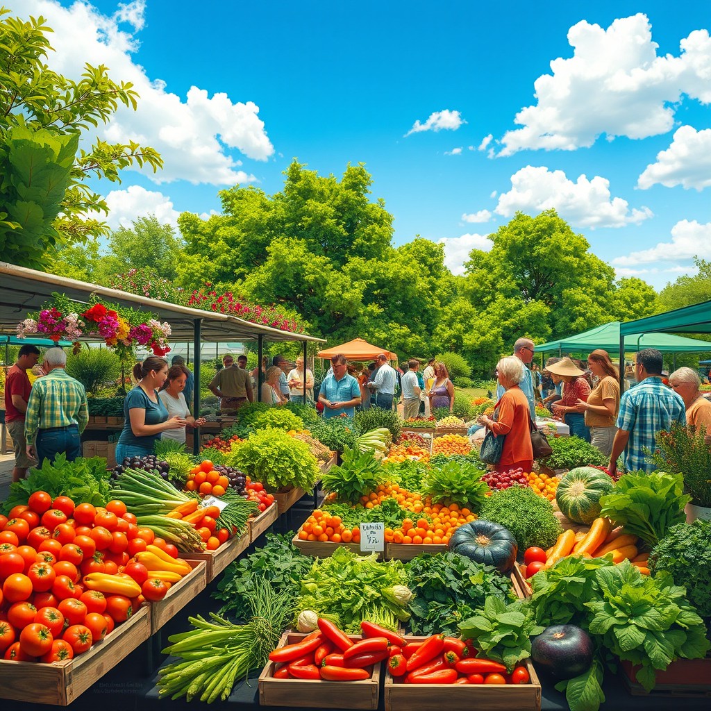 A vibrant and lively market garden scene filled with a variety of colorful vegetables and fruits