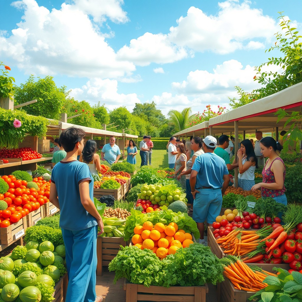 A vibrant market garden scene showcasing a variety of colorful fruits and vegetables