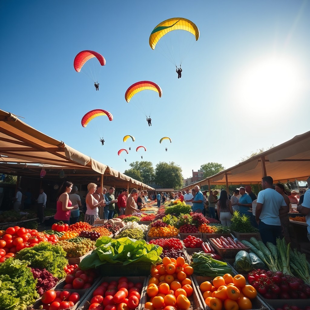A vibrant market garden scene bustling with activity, featuring colorful fresh vegetables and fruits under a bright blue sky