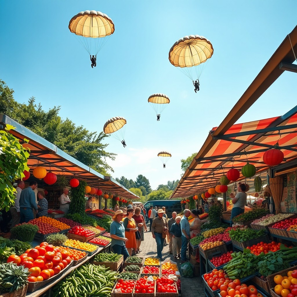 A bustling market garden scene filled with colorful fresh vegetables and fruits, showcasing vibrant stalls under a clear blue sky