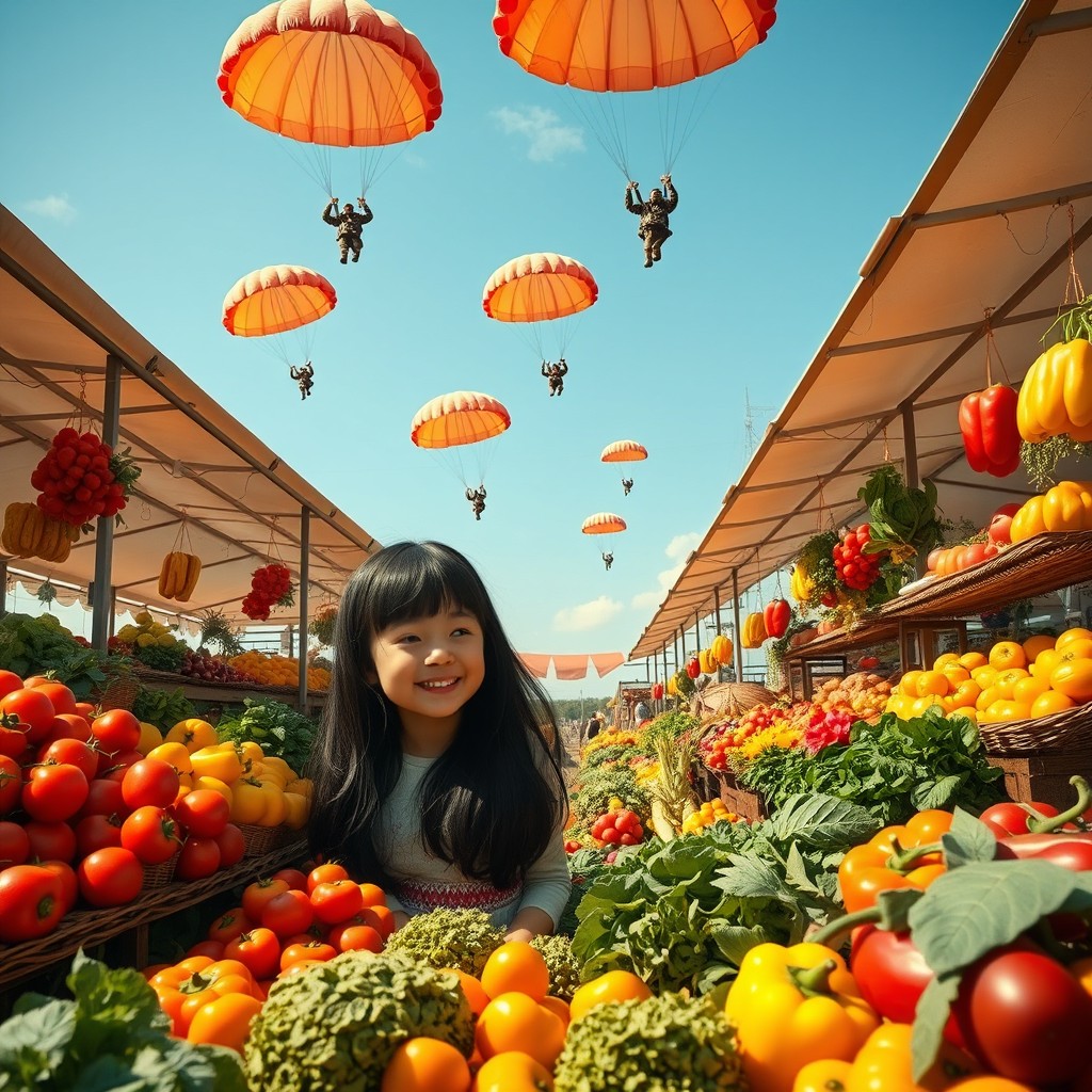 A lively market garden scene featuring a single white girl with long black hair, joyfully interacting with the vibrant array of fresh vegetables and fruits around her
