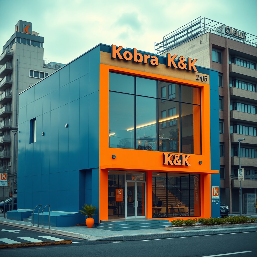 A small office building named 'Kobra K&K', designed with a striking combination of blue and orange colors