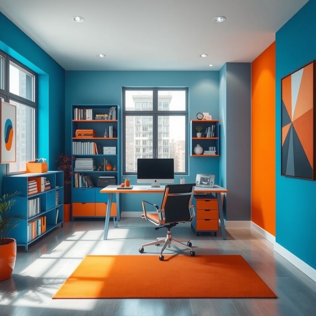 A small office room featuring a striking blue and orange color scheme