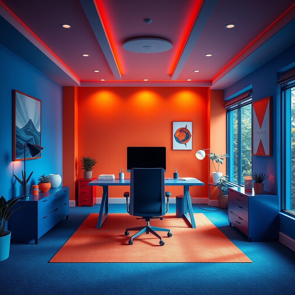 An office room designed with a vivid blue and orange color scheme