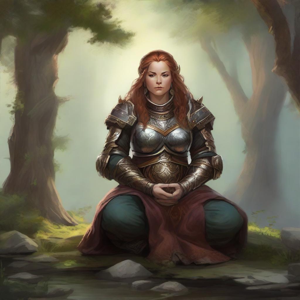 In a moment of calm and clarity, a dwarven female kineticist, contained within her sturdy heavy armor, delves into meditation. The floating energy of nature that surrounds her betrays her deep-seated connection to the world's elements.