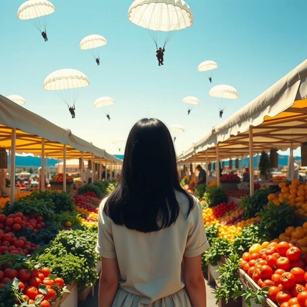 A picturesque market garden scene featuring a single white girl with long black hair viewed from behind, standing amidst a vibrant display of fresh vegetables and fruits