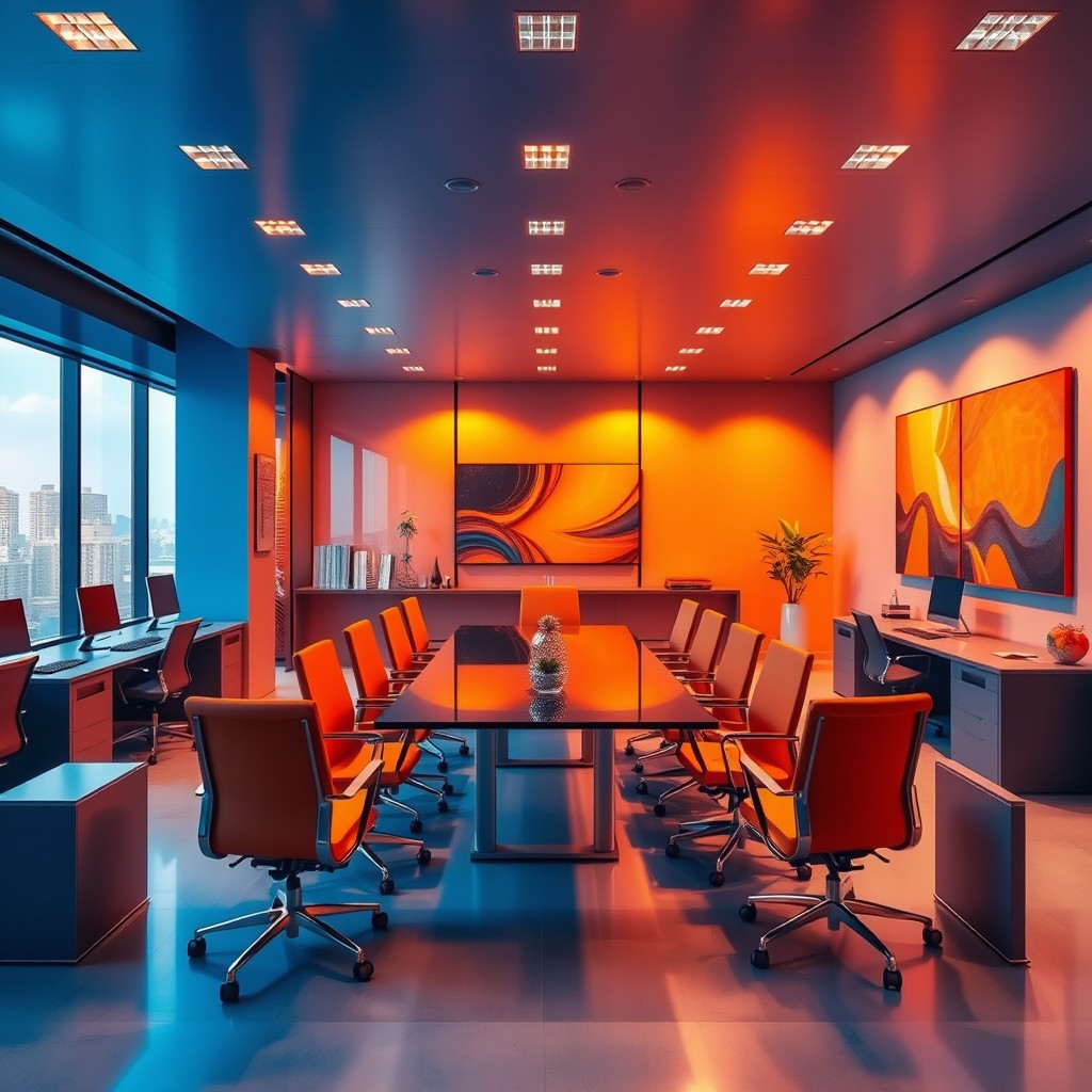 A company office room featuring a bold blue and orange color scheme, designed in a cinematic style