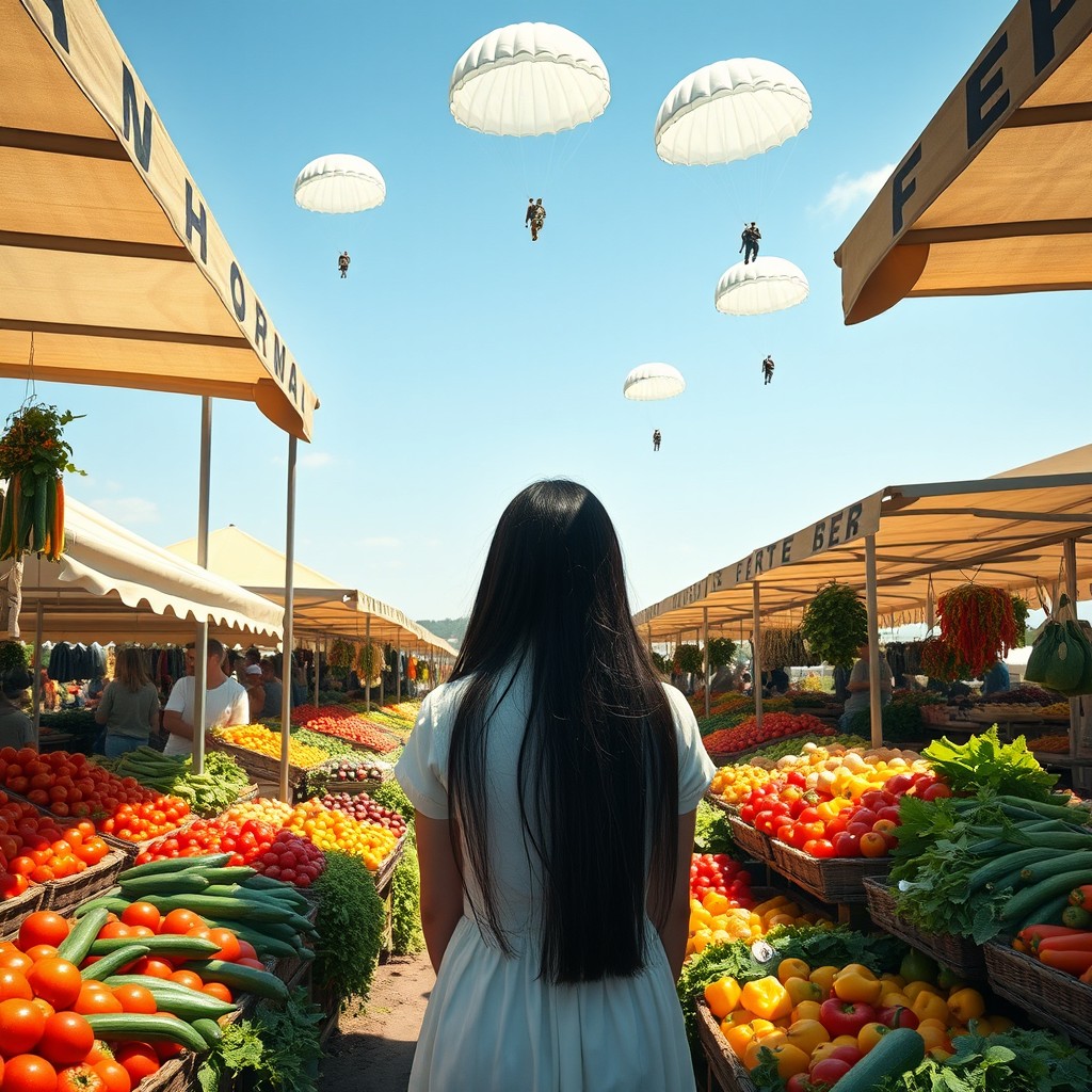 A tranquil market garden scene featuring a single white girl with long black hair seen from behind, positioned further back in the composition