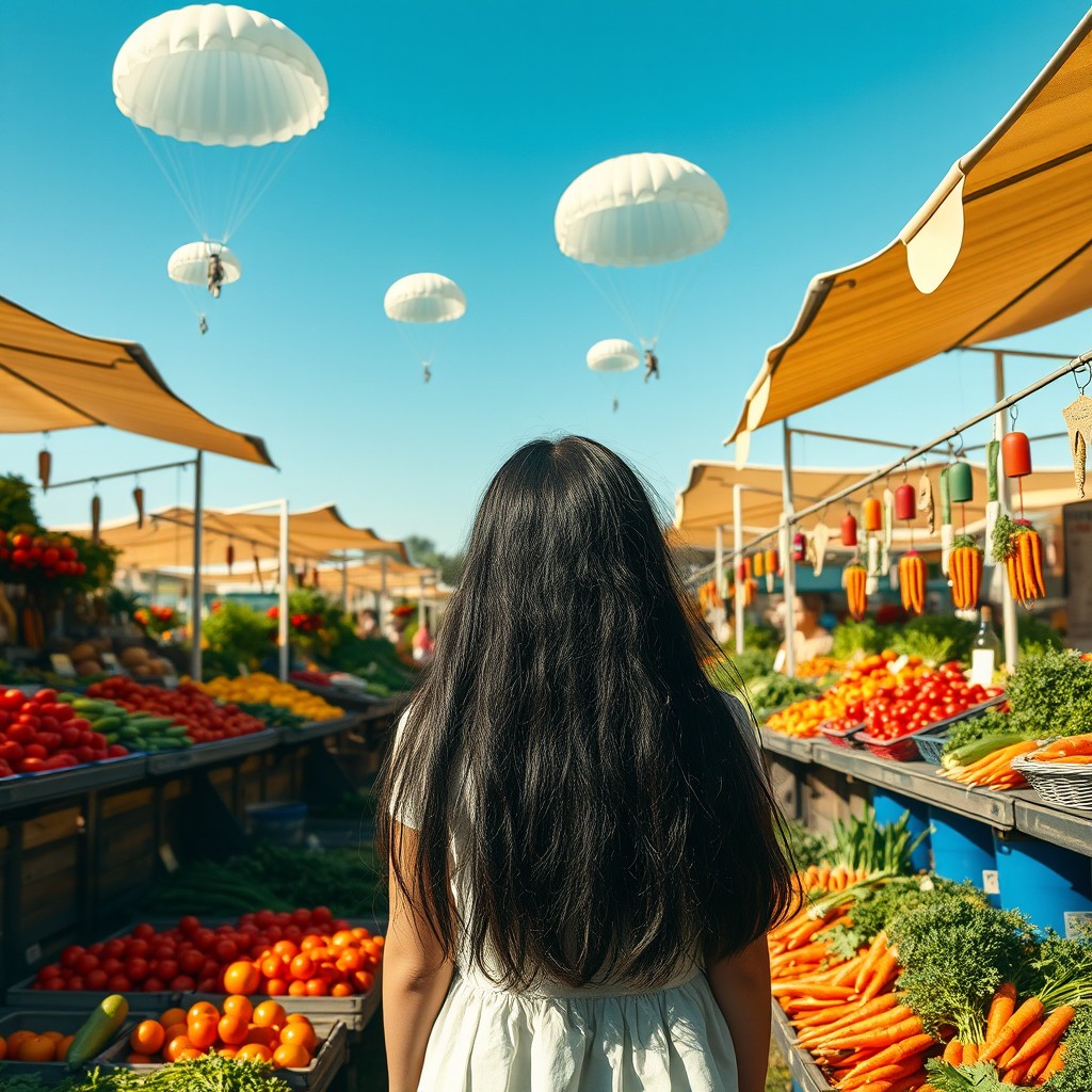 A captivating market garden scene showcasing a single white girl with long black hair viewed from behind, standing further back in the composition