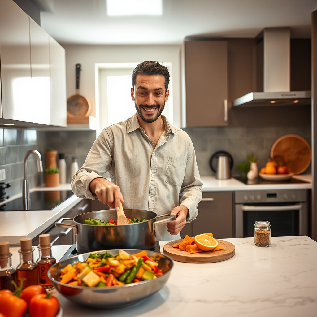A handsome Arabic man cooking a traditional tajin in a modern Western-style kitchen