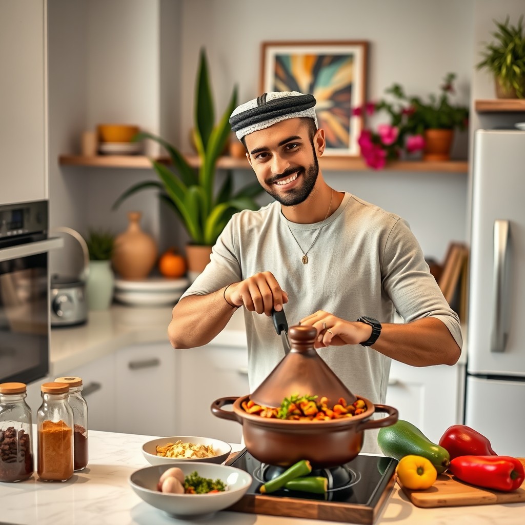 A handsome Arab man cooking a traditional tajine in a stylish Western home kitchen, surrounded by colorful spices and fresh ingredients on the counter