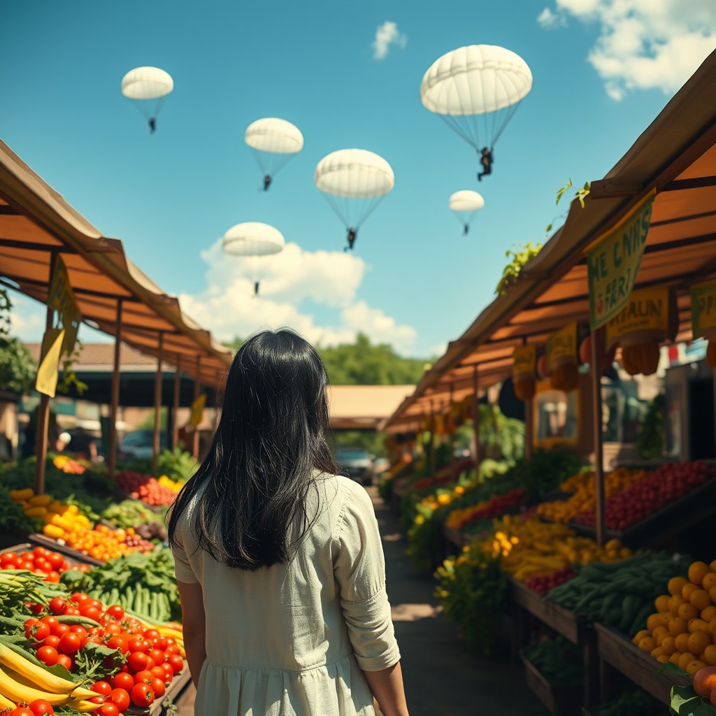 A serene market garden scene featuring a single white girl with long black hair viewed from behind, standing further back in the composition