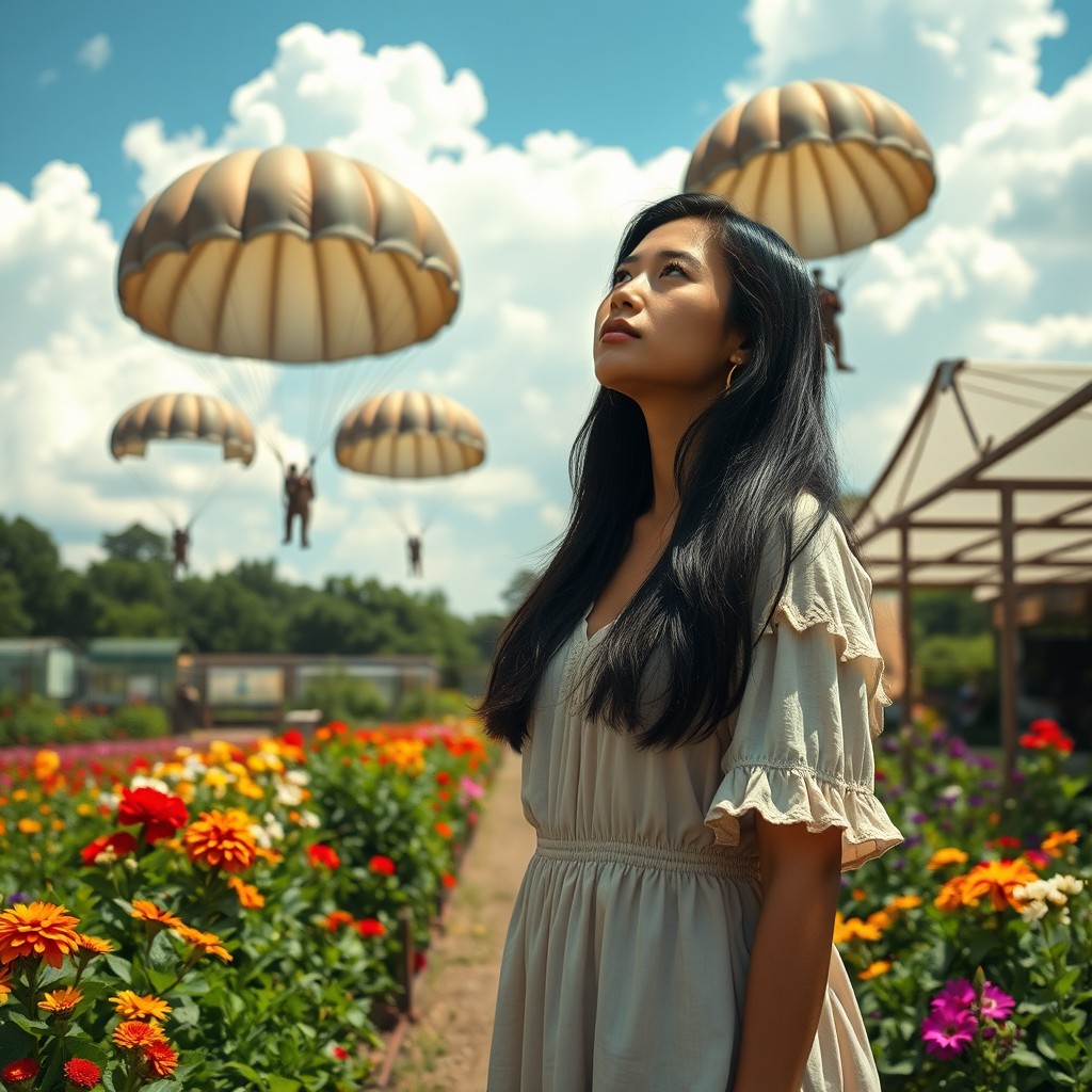 In a vibrant market garden setting, a tall young woman with long black hair, dressed in a light summer dress, stands in the foreground, gazing up at the sky