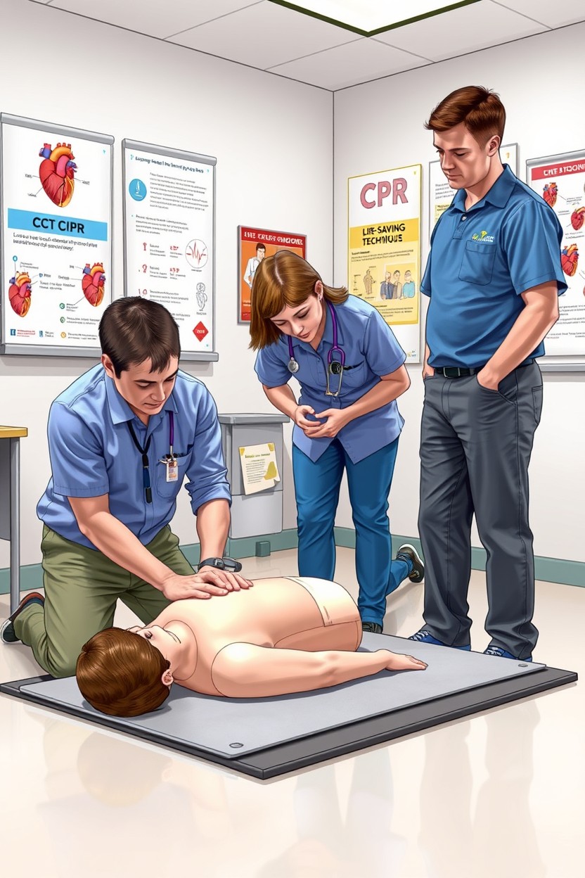 A highly detailed educational illustration depicting basic pulmonary life support techniques being demonstrated by a trained professional in a classroom setting