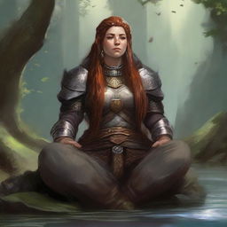 In a moment of calm and clarity, a dwarven female kineticist, contained within her sturdy heavy armor, delves into meditation. The floating energy of nature that surrounds her betrays her deep-seated connection to the world's elements.