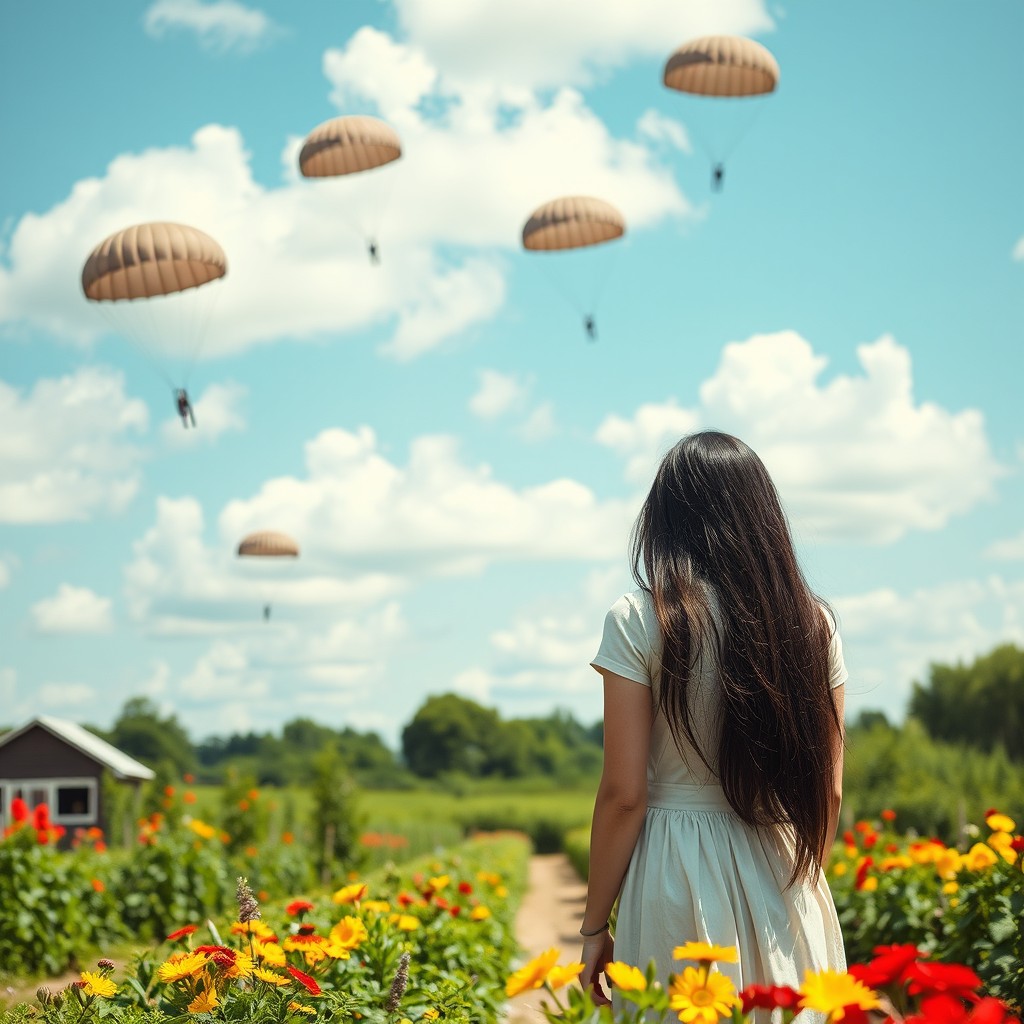 In a vibrant market garden scene, a young woman with long black hair is seen from behind, standing at a distance