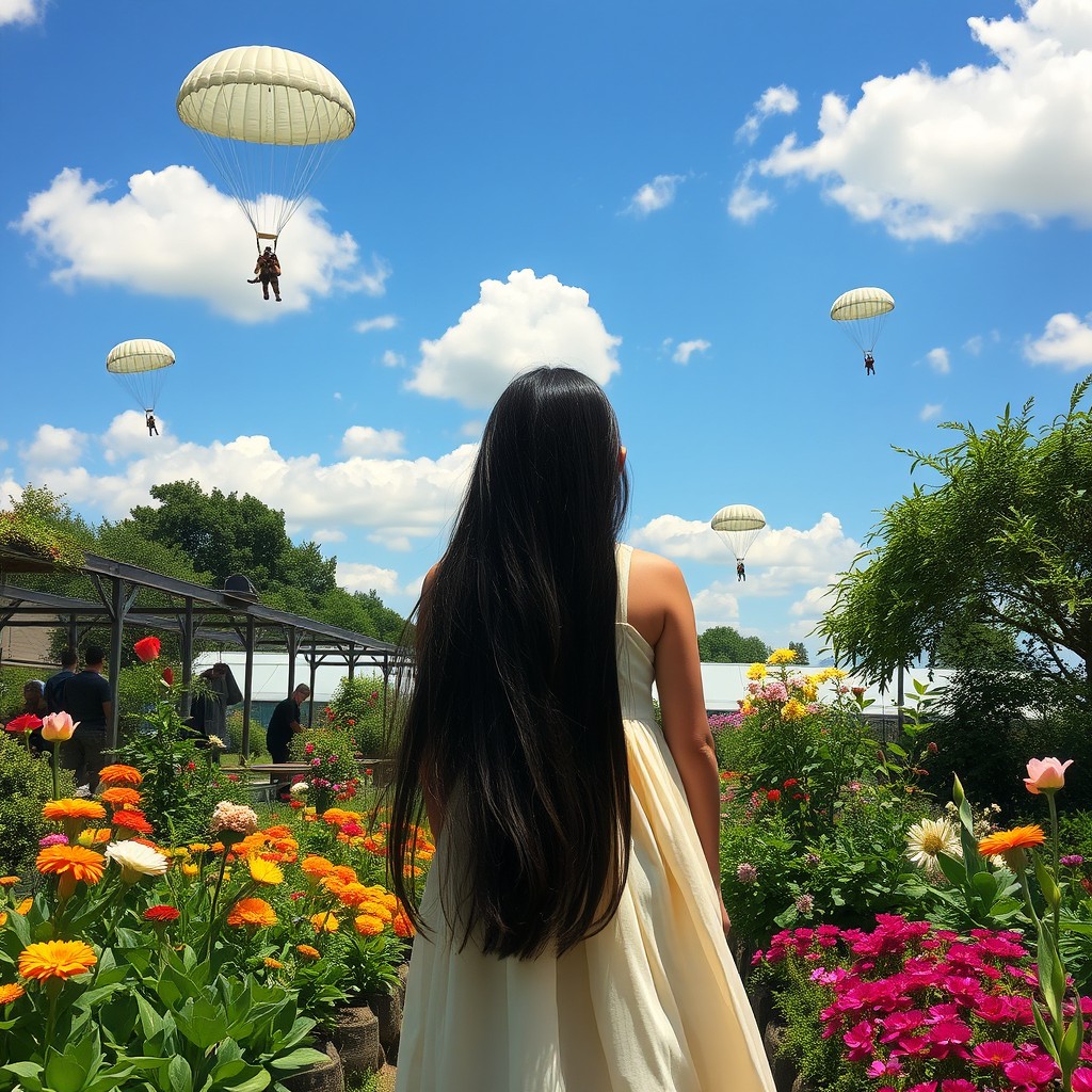 A serene market garden scene featuring a young white girl with long black hair, standing farther back and viewed from behind