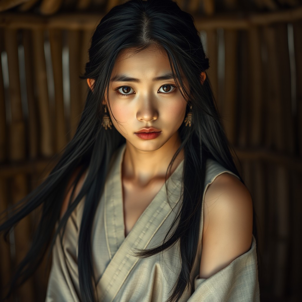 A young beautiful Korean woman aged 21, portraying a native tribe