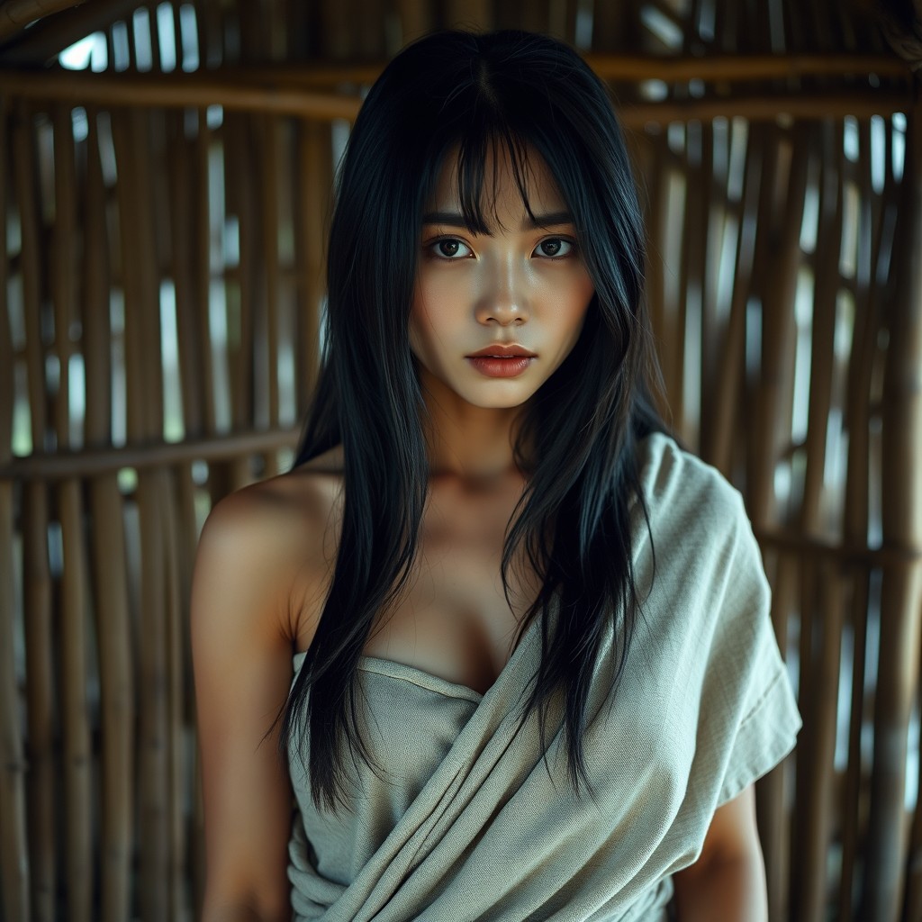 A young 21-year-old woman from Korea, portraying an indigenous tribe