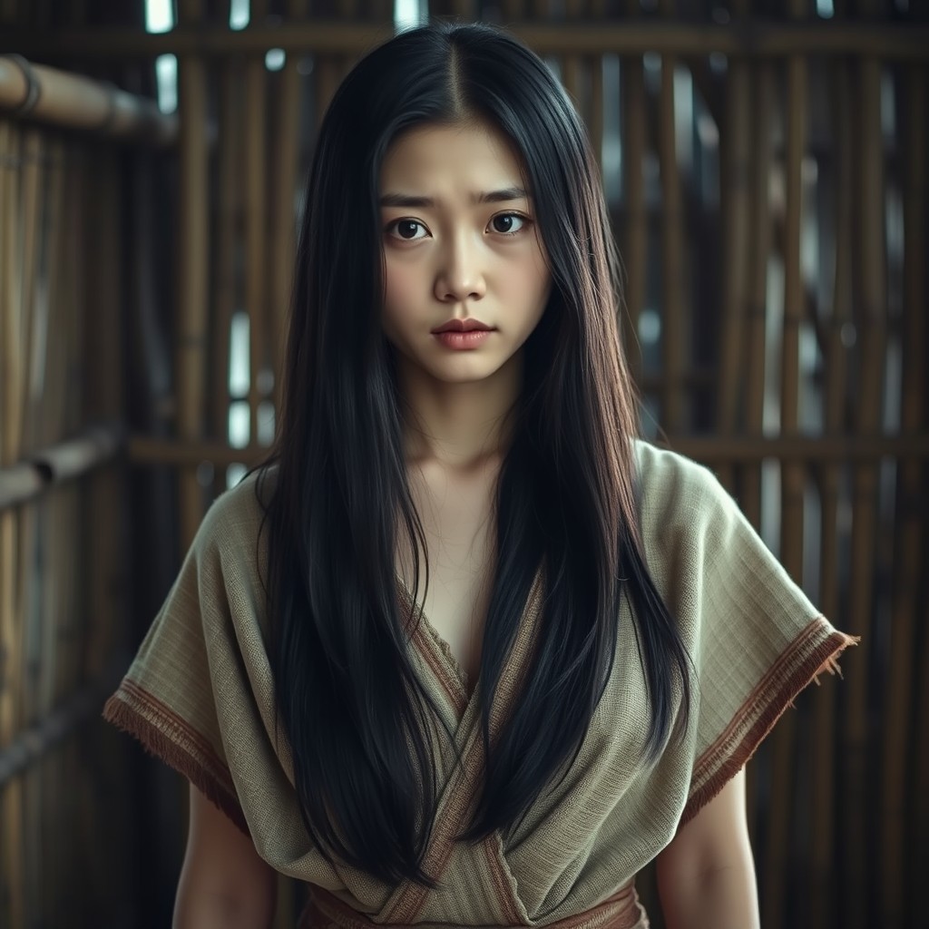 A young 21-year-old Korean woman with a beautiful face, portraying an indigenous tribe