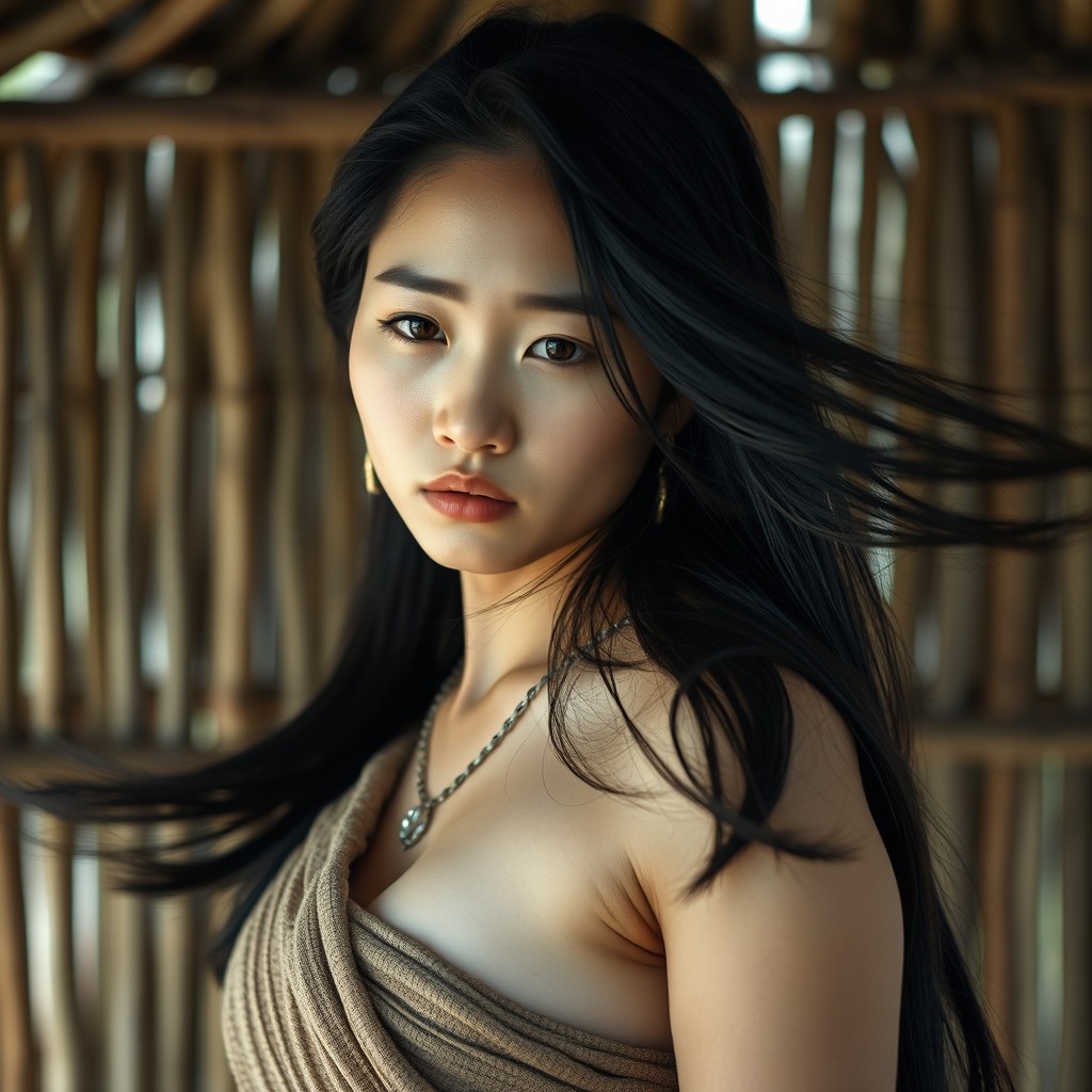 A 21-year-old young woman from Korea, beautiful and with long black hair flowing freely, portrays an indigenous character