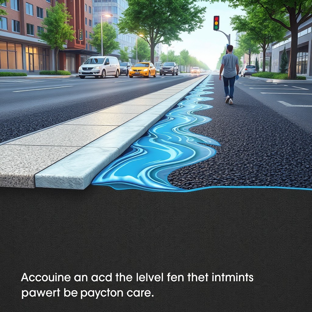 A conceptual illustration showing a gradual transition of an account level over an existing pavement without a curb, showcasing how water flows over the surface