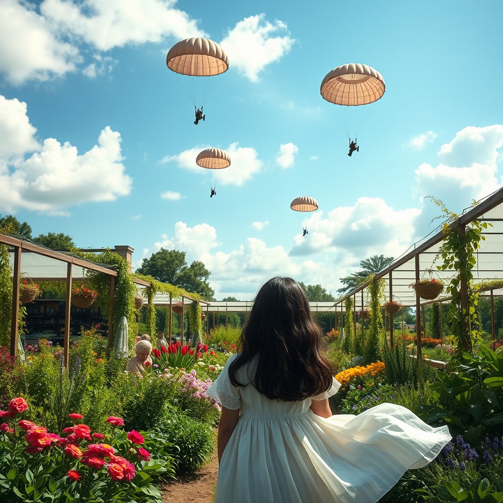 A picturesque market garden scene featuring a young white girl with long black hair, standing farther back and viewed from behind