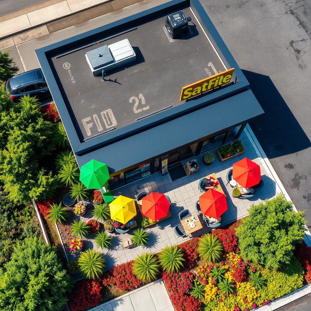 A beautiful bird's eye view of a fast food restaurant featuring an attractive and modern design
