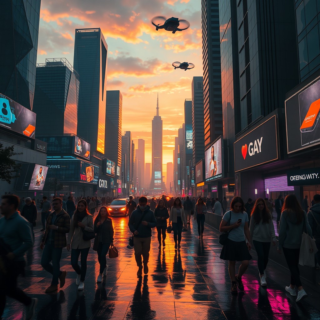 A futuristic cityscape at sunset with dramatic shadows and vibrant colors
