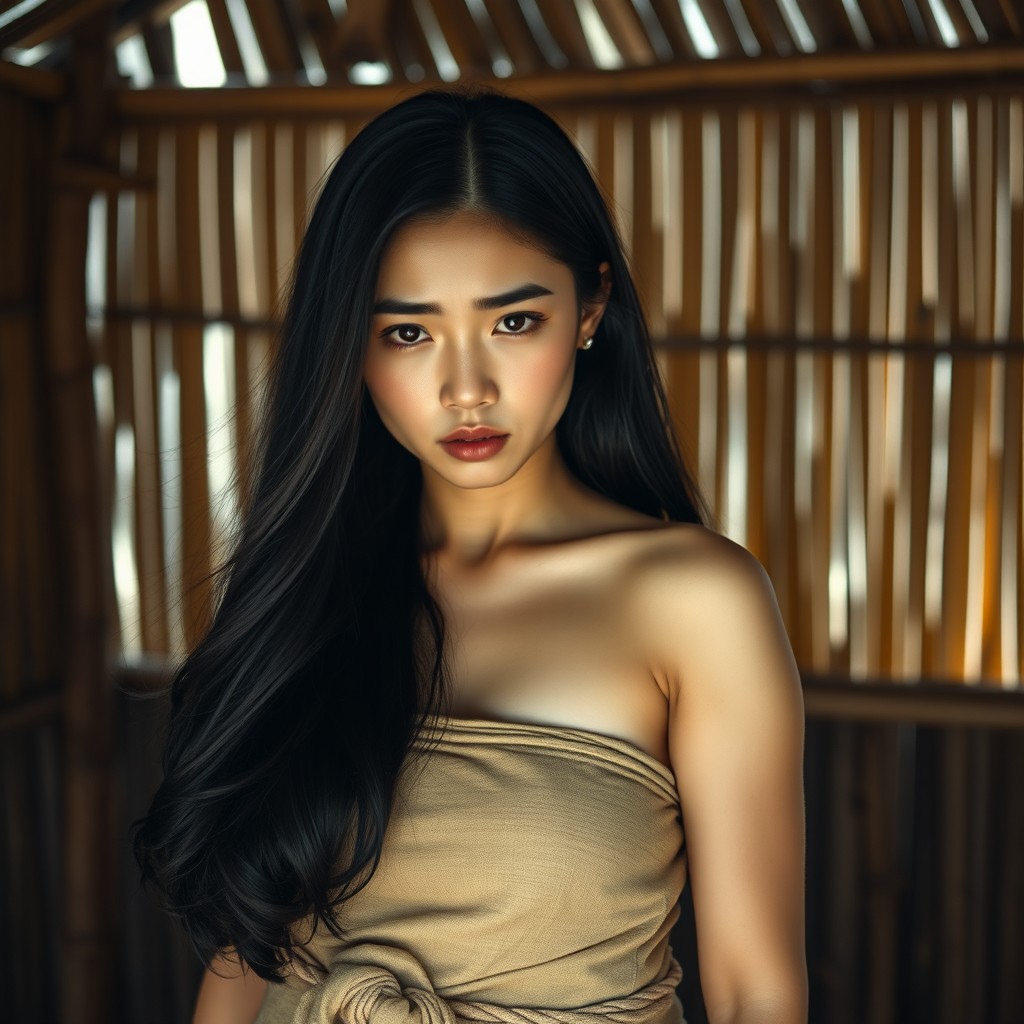 A 21-year-old young woman from Korea, beautiful and with long black hair flowing freely, portrays an indigenous character