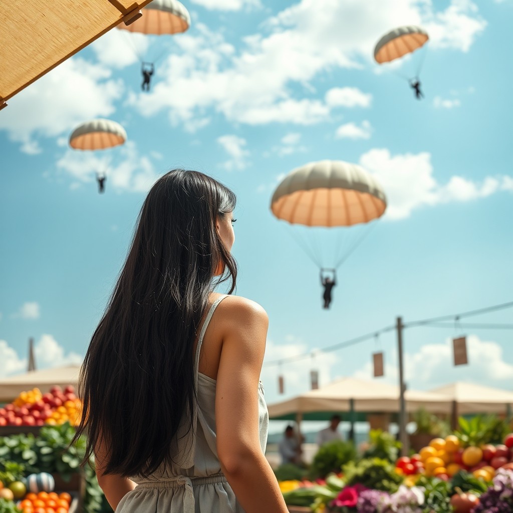 A vibrant market garden scene featuring a young white woman with long black hair, viewed from behind as she stands farther back, purchasing fresh produce