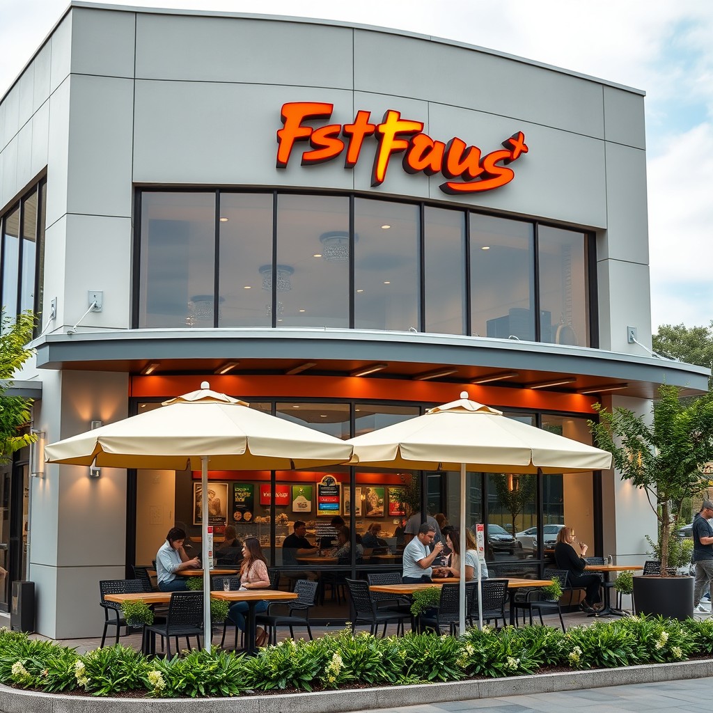 An exterior view of a fast food restaurant showcasing an attractive and modern design
