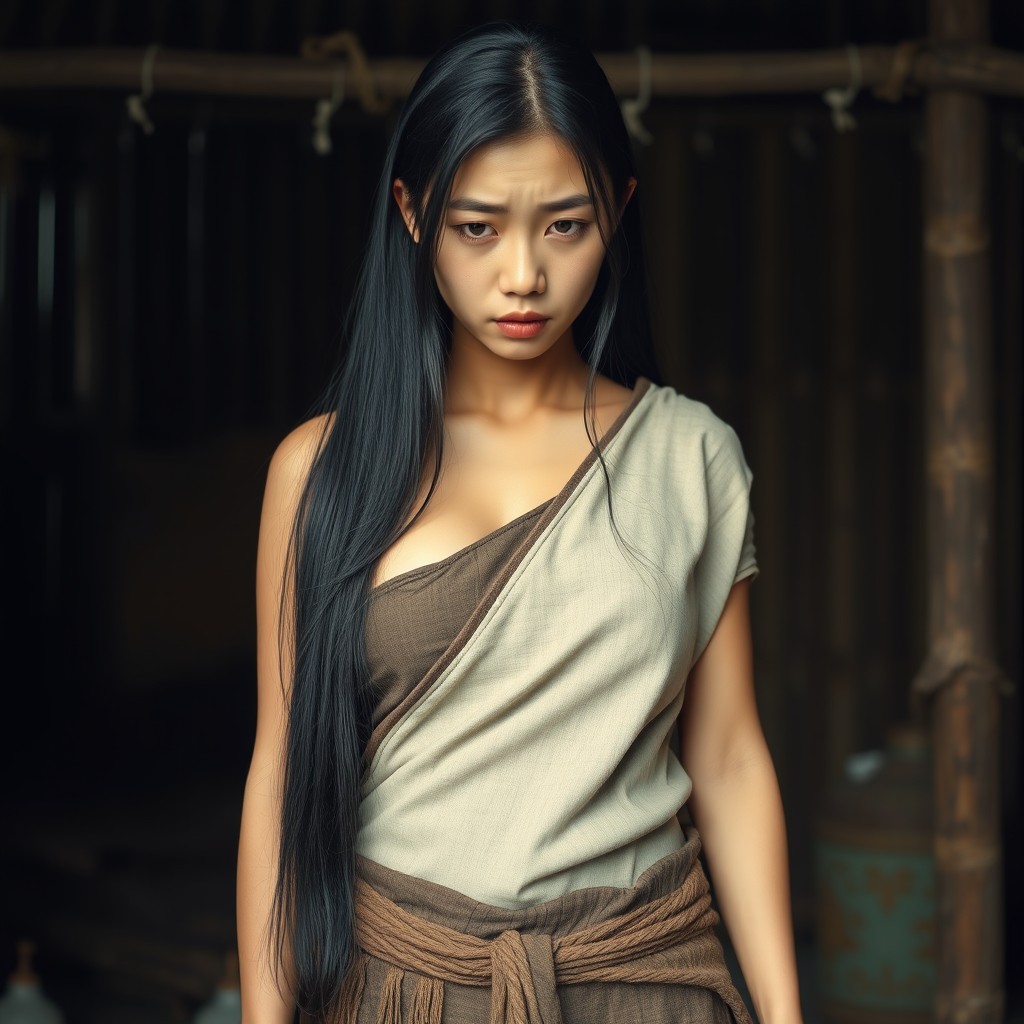 A 21-year-old young woman from Korea, beautiful with long black hair cascading down, embodies an indigenous character
