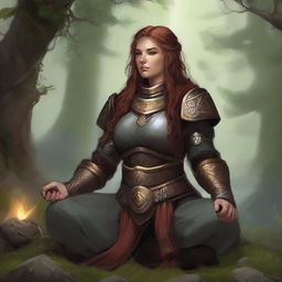 In a moment of calm and clarity, a dwarven female kineticist, contained within her sturdy heavy armor, delves into meditation. The floating energy of nature that surrounds her betrays her deep-seated connection to the world's elements.